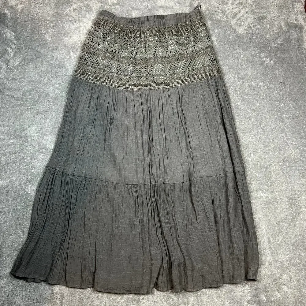 J.Crew‎ Tiered Maxi Skirt Womens L Gray Embroidered Lined Rayon Eyelet Lace-Trim
